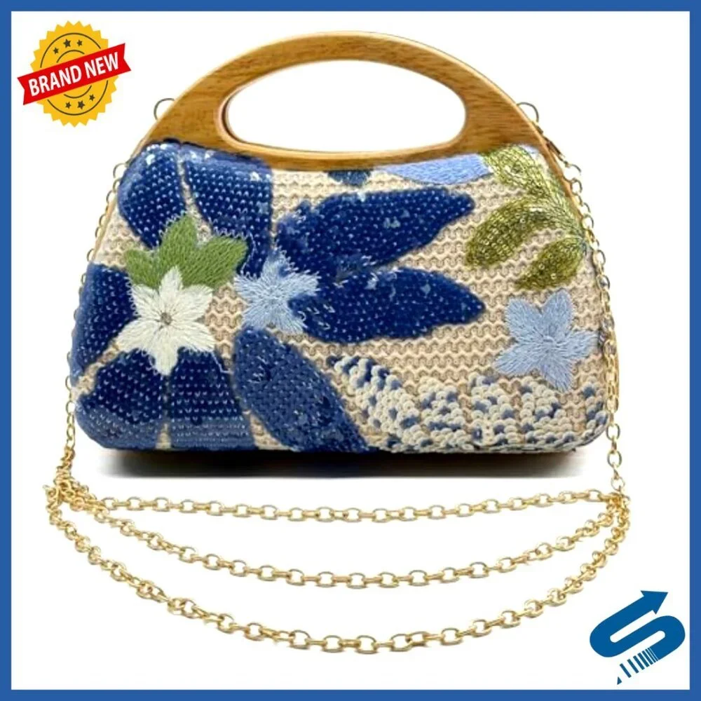 Sequined Embroidered Flower Evening Clutch Bohemian Woven Wooden Handle Chain